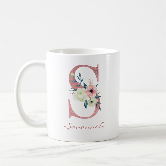 Floral Letter S Initial - Pink and Ivory Bouquet Coffee Mug (Left)