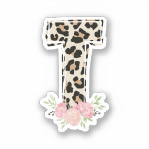 Floral Letter T Initial Name Leopard Cheetah Print