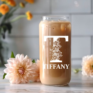 Floral Letter T Monogram Personalised Name White Can Glass