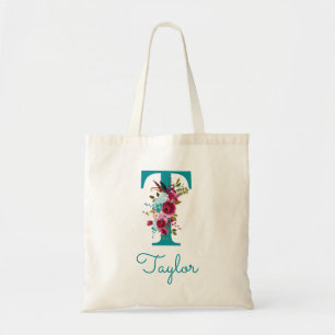 Floral Letter T Script Monogram Teal Pink Tote Bag