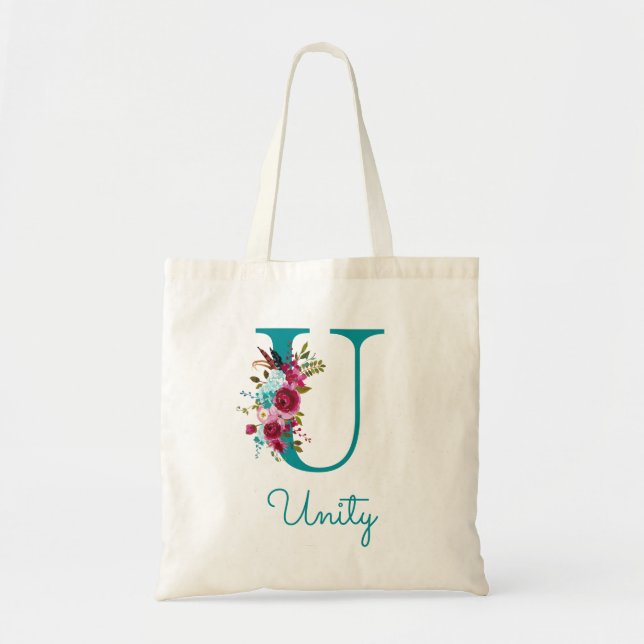 Floral Letter U Script Monogram Teal Pink Tote Bag (Front)