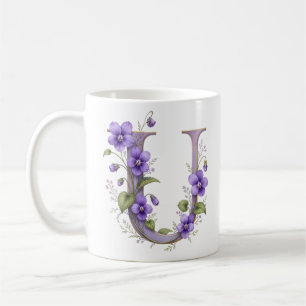 Floral Letter U Violet Flower Personalised Mug