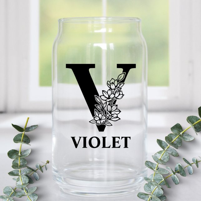 Floral Letter V Monogram and Personalised Name Can Glass (Creator Uploaded)