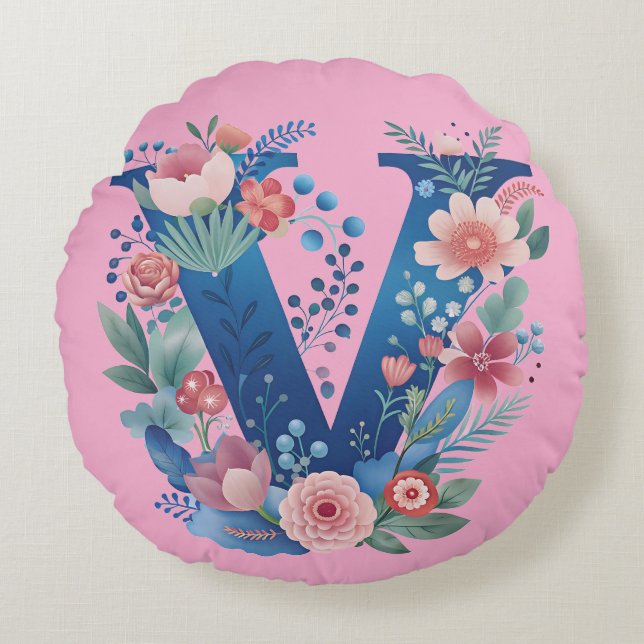 Floral Letter V Monogram Throw Pillow for home (Front)