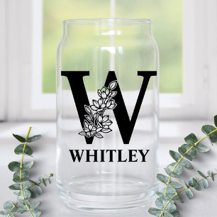 Floral Letter W Monogram and Personalised Name Can Glass
