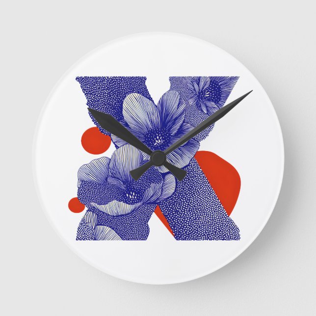 Floral Letter X – Bold Geometric Botanical Design Round Clock (Front)