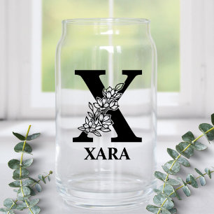 Floral Letter X Monogram and Personalised Name Can Glass