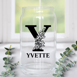 Floral Letter Y Monogram and Personalised Name Can Glass