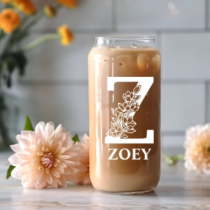 Floral Letter Z Monogram Personalised Name White Can Glass