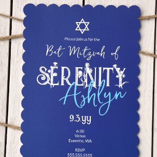 Floral Lettering, Blue Wild Flower Bat Mitzvah  Invitation