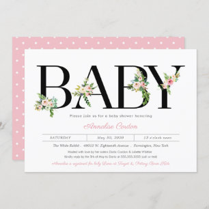 Floral Letters Pastel Pink Girl Baby Shower Invitation