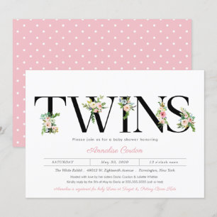 Floral Letters Pastel Pink Twin Girl Baby Shower Invitation