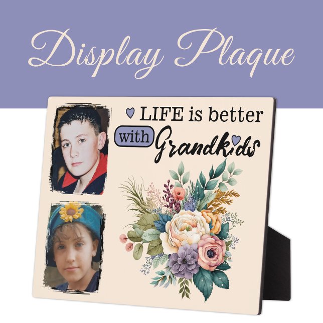 Floral life is better 2 photo Grandkids purple Plaque (Creator Uploaded)