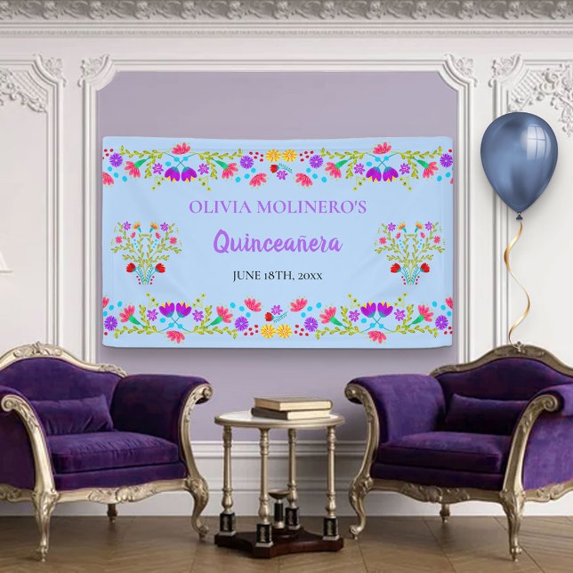Floral Light Blue Mexican Quinceanera Welcome Banner (Creator Uploaded)
