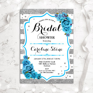 Floral Light Blue Silver Stripes Bridal Shower Invitation