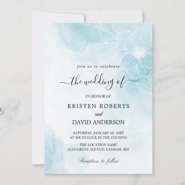 floral light blue wedding invitation (Front)