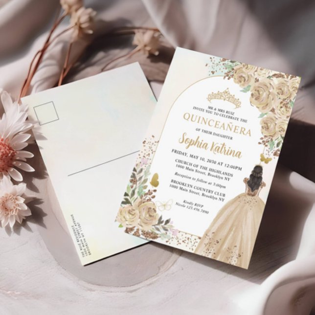 Floral Light Gold Princess Birthday Quinceanera Invitation Postcard (Creator Uploaded)