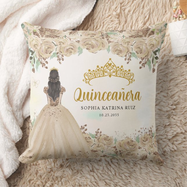 Floral Light Gold Princess Tiara Quinceanera  Cushion (Blanket)