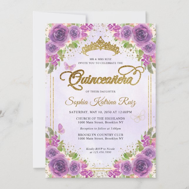 Floral Light Purple Gold Glitter Crown Quinceañera Invitation (Front)