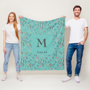 FLORAL Light Teal   MONOGRAM   Christian Fleece Blanket