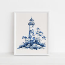 Floral Lighthouse – Coastal Blue on Beige Wall Art