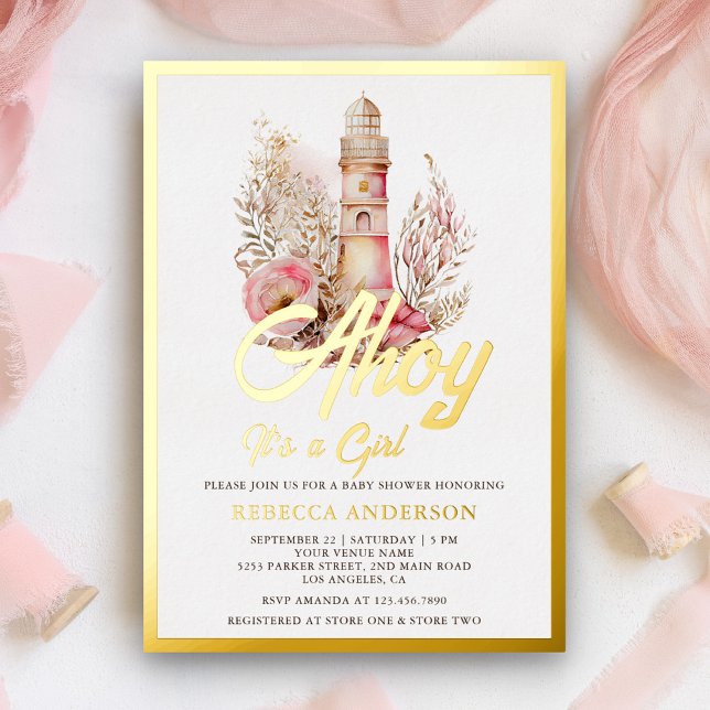 Floral Lighthouse Nautical Girl Baby Shower Gold (Creator Uploaded)