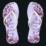 Floral Lilac Flowers Wedding Mother of the Bride Thongs<br><div class="desc">Lilacs are the theme of these elegant floral Mother of the Bride wedding flip flops with pink and mauve lilac flowers on a purple background.  The text can be customised for your special occasion.</div>