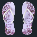 Floral Lilac Flowers Wedding Mother of the Bride Thongs<br><div class="desc">Lilacs are the theme of these elegant floral Mother of the Bride wedding flip flops with pink and mauve lilac flowers on a purple background.  The text can be customised for your special occasion.</div>