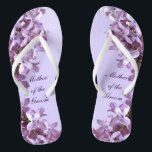 Floral Lilac Flowers Wedding Mother of the Groom Thongs<br><div class="desc">Lilacs are the theme of these elegant floral Mother of the Groom wedding flip flops with pink and mauve lilac flowers on a purple background.  The text can be customised for your special occasion.</div>