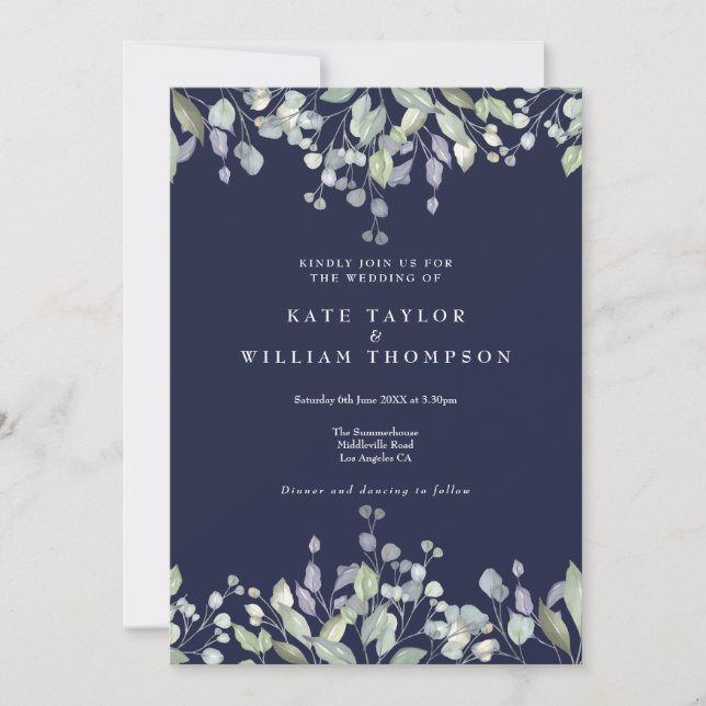 Floral Lilac Greenery Navy Blue QR Code Wedding Invitation (Front)