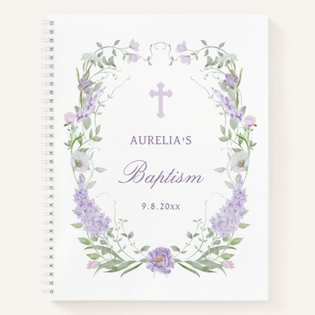 Floral Lilac Lavender Frame Baptism Guest Book (Front)