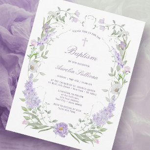 Floral Lilac Lavender Frame Baptism Invitation