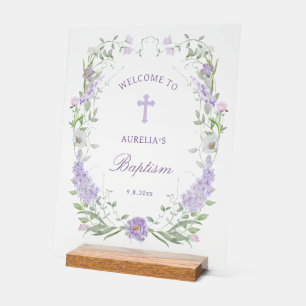 Floral Lilac Lavender Frame Baptism Welcome Acrylic Sign