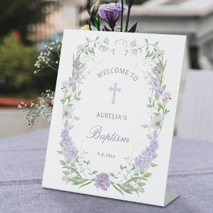 Floral Lilac Lavender Frame Baptism Welcome Pedestal Sign
