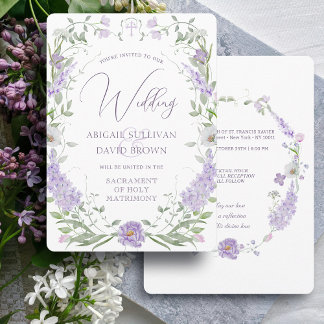 Floral Lilac Lavender Frame Catholic Wedding Invitation