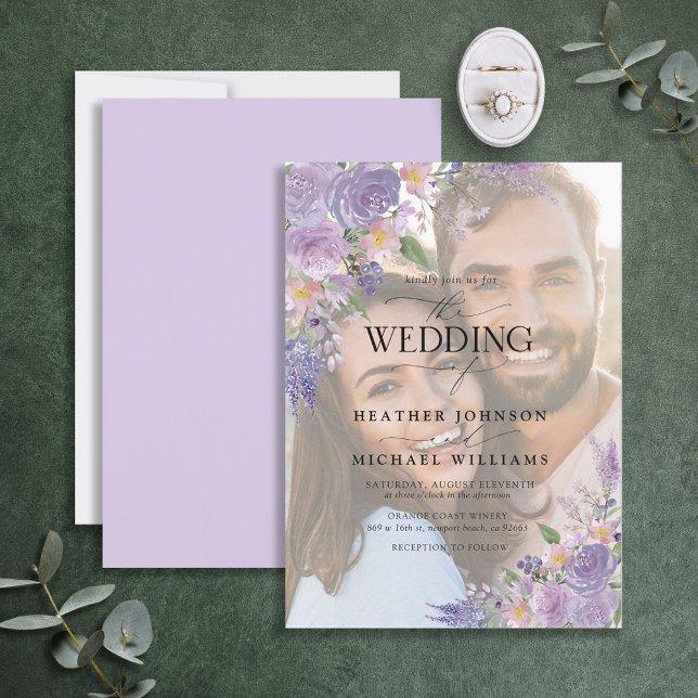 Floral Lilac Lavender Vellum Overlay Photo Wedding Invitation (Creator Uploaded)