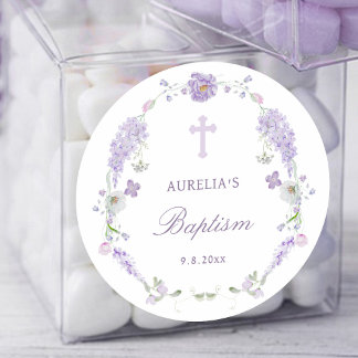 Floral Lilac Lavender Wreath Baptism Classic Round Sticker