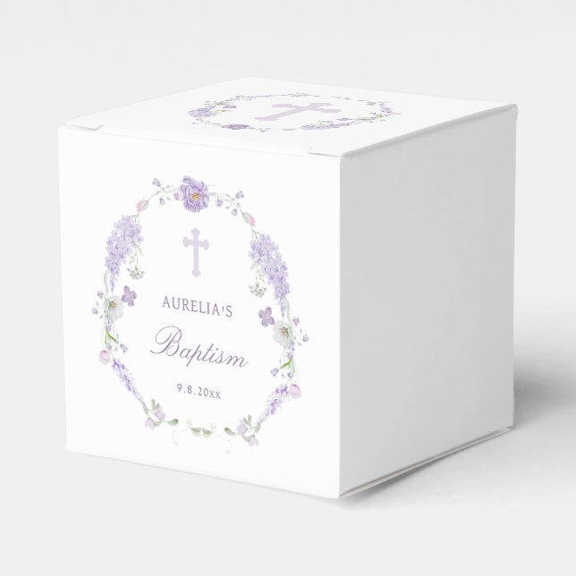 Floral Lilac Lavender Wreath Baptism Cube Favour Box (Front Side)