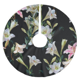 Floral lilies: black background painting brushed polyester tree skirt