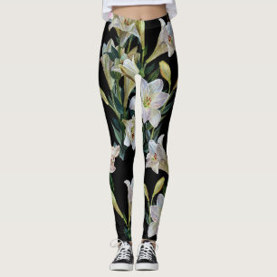 Floral lilies: black background painting leggings