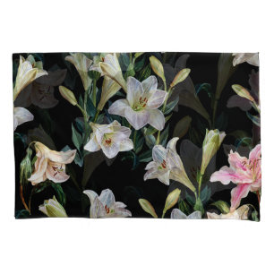 Floral lilies: black background painting pillowcase