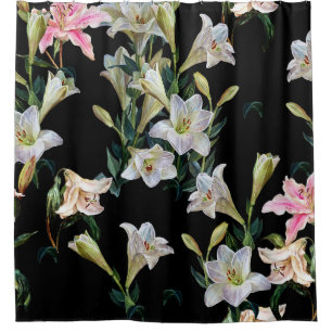 Floral lilies: black background painting shower curtain