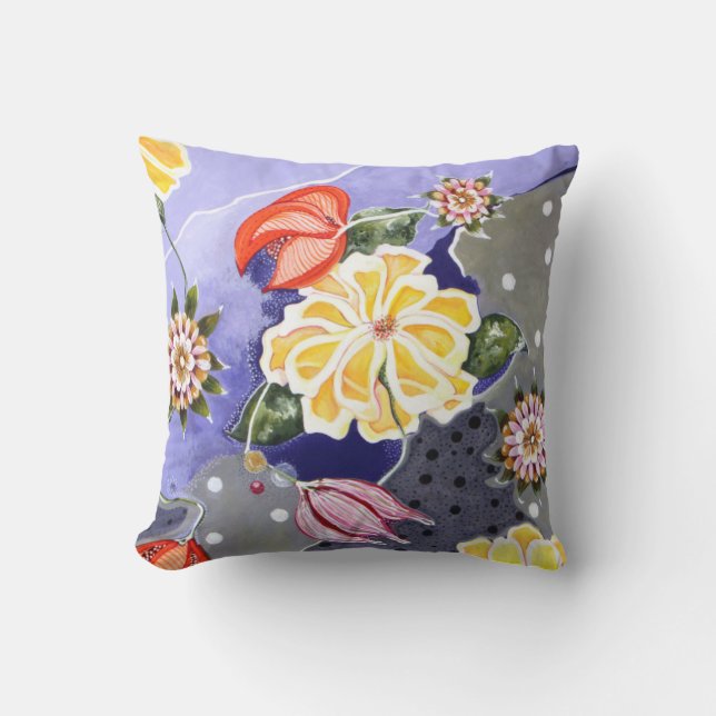 Floral Lilly Blue Abstract Polkadot Cushion (Front)
