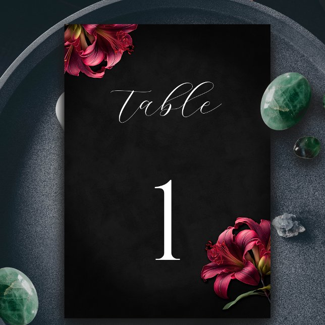 Floral Lily Dark Gothic Wedding Table Number (Floral Lilly Moody Gothic Wedding Invitation Table Number)
