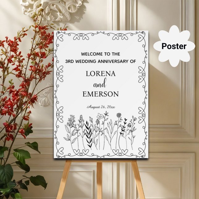 Floral Line Art 3rd Wedding Anniversary Welcome Poster (Creator Uploaded)
