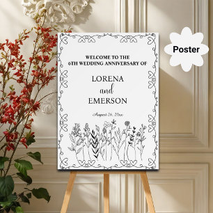 Floral Line Art 6th Wedding Anniversary Welcome Poster