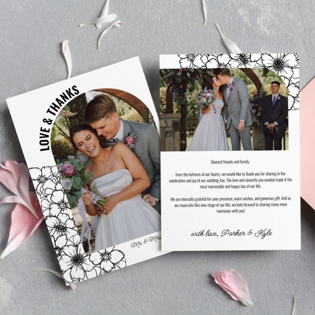 Floral Line Art Arch Wedding Photo Love & Thanks Thank You Card (Creator Uploaded)