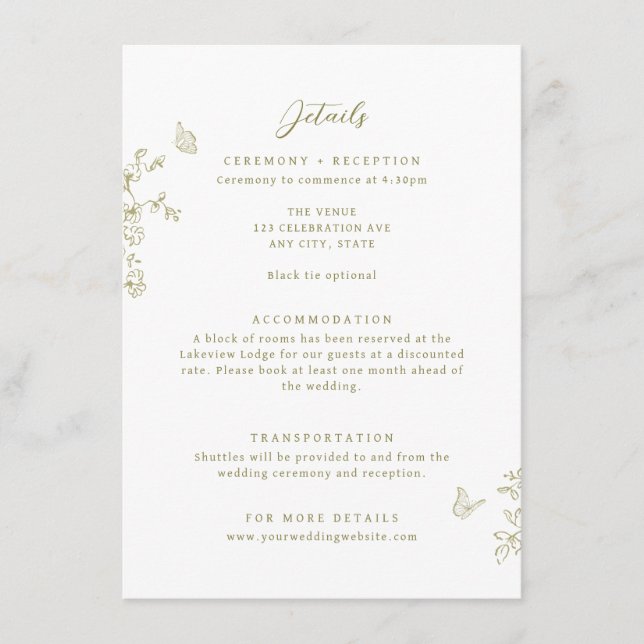 Floral Line Art Butterflies Wedding Details Enclosure Card (Front)