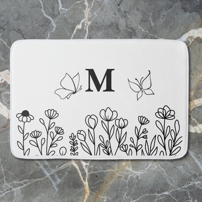 Floral Line Art Custom Monogram  Bath Mat (Creator Uploaded)