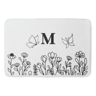 Floral Line Art Custom Monogram  Bath Mat